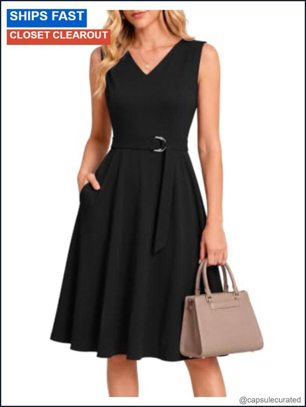 Women's Work Dress V-Neck Sleeveless Belted Fit and Flare Midi Business Office